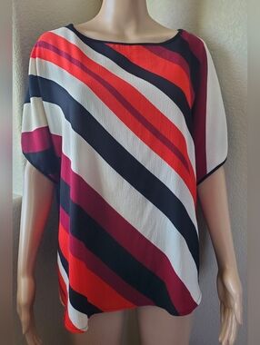 VINCE CAMUTO Black red striped shirt BLOUSE top M loose tunic Medium batwing E